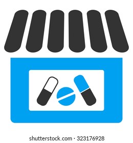 Drugstore vector icon. Style is bicolor flat symbol, blue and gray colors, rounded angles, white background.