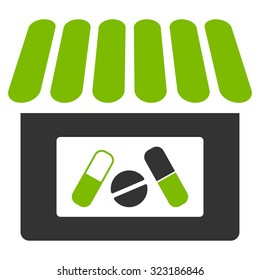 Drugstore vector icon. Style is bicolor flat symbol, eco green and gray colors, rounded angles, white background.