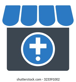 Drugstore vector icon. Style is bicolor flat symbol, smooth blue colors, rounded angles, white background.