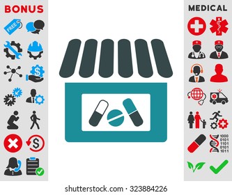 Drugstore vector icon. Style is bicolor flat symbol, soft blue colors, rounded angles, white background.