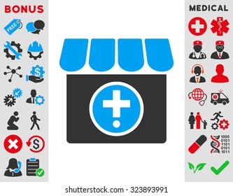 Drugstore vector icon. Style is bicolor flat symbol, blue and gray colors, rounded angles, white background.