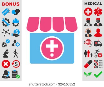 Drugstore vector icon. Style is bicolor flat symbol, pink and blue colors, rounded angles, white background.