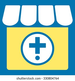 Drugstore vector icon. Style is bicolor flat symbol, yellow and white colors, rounded angles, blue background.
