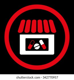 Drugstore vector icon. Style is bicolor flat rounded symbol, red and white colors, rounded angles, black background.