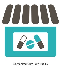 Drugstore vector icon. Style is bicolor flat symbol, grey and cyan colors, rounded angles, white background.