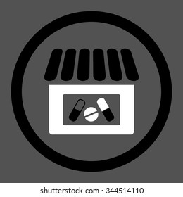 Drugstore vector icon. Style is bicolor flat rounded symbol, black and white colors, rounded angles, gray background.