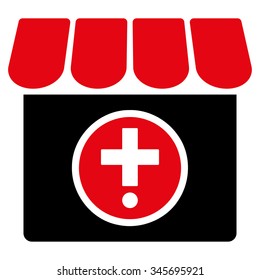 Drugstore vector icon. Style is bicolor flat symbol, intensive red and black colors, rounded angles, white background.