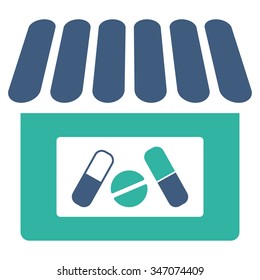Drugstore vector icon. Style is bicolor flat symbol, cobalt and cyan colors, rounded angles, white background.