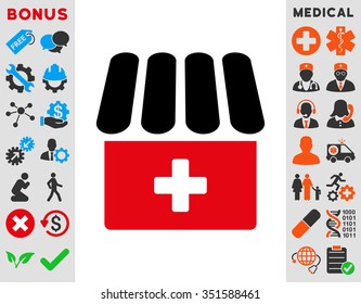 Drugstore vector icon. Style is bicolor flat symbol, intensive red and black colors, rounded angles, white background.