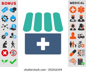 Drugstore vector icon. Style is bicolor flat symbol, cobalt and cyan colors, rounded angles, white background.