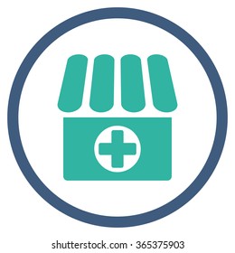 Drugstore vector icon. Style is bicolor flat circled symbol, cobalt and cyan colors, rounded angles, white background.