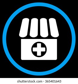 Drugstore vector icon. Style is bicolor flat circled symbol, blue and white colors, rounded angles, black background.