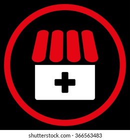 Drugstore vector icon. Style is bicolor flat circled symbol, red and white colors, rounded angles, black background.