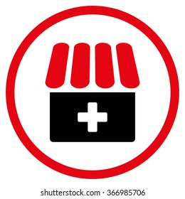 Drugstore vector icon. Style is bicolor flat circled symbol, intensive red and black colors, rounded angles, white background.