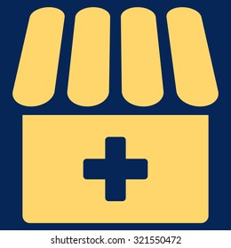 Drugstore vector icon. Style is flat symbol, yellow color, rounded angles, blue background.