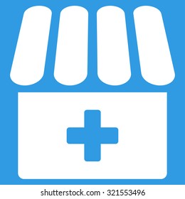 Drugstore vector icon. Style is flat symbol, white color, rounded angles, blue background.