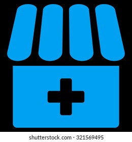 Drugstore vector icon. Style is flat symbol, blue color, rounded angles, black background.