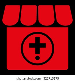Drugstore vector icon. Style is flat symbol, red color, rounded angles, black background.