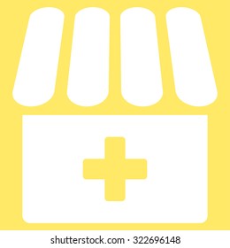 Drugstore vector icon. Style is flat symbol, white color, rounded angles, yellow background.