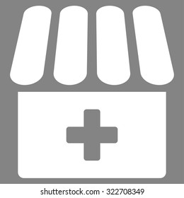 Drugstore vector icon. Style is flat symbol, white color, rounded angles, gray background.
