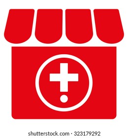 Drugstore vector icon. Style is flat symbol, red color, rounded angles, white background.