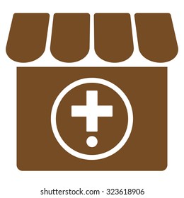 Drugstore vector icon. Style is flat symbol, brown color, rounded angles, white background.