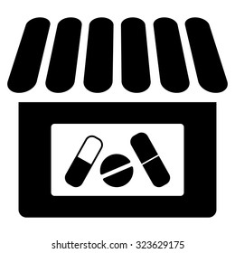 Drugstore vector icon. Style is flat symbol, black color, rounded angles, white background.
