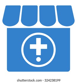 Drugstore vector icon. Style is flat symbol, cobalt color, rounded angles, white background.