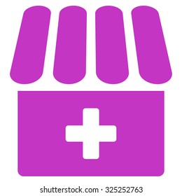 Drugstore vector icon. Style is flat symbol, violet color, rounded angles, white background.