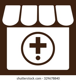 Drugstore vector icon. Style is flat symbol, white color, rounded angles, brown background.