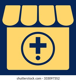 Drugstore vector icon. Style is flat symbol, yellow color, rounded angles, blue background.