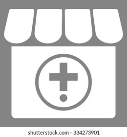 Drugstore vector icon. Style is flat symbol, white color, rounded angles, gray background.