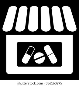 Drugstore vector icon. Style is flat symbol, white color, rounded angles, black background.
