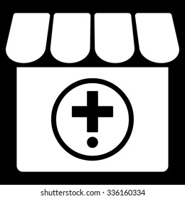 Drugstore vector icon. Style is flat symbol, white color, rounded angles, black background.