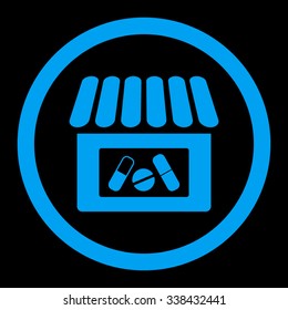 Drugstore vector icon. Style is flat rounded symbol, blue color, rounded angles, black background.
