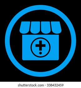 Drugstore vector icon. Style is flat rounded symbol, blue color, rounded angles, black background.