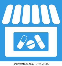 Drugstore vector icon. Style is flat symbol, white color, rounded angles, blue background.