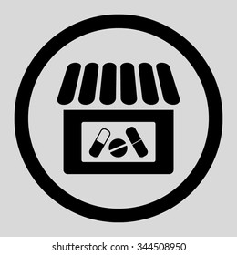 Drugstore vector icon. Style is flat rounded symbol, black color, rounded angles, light gray background.