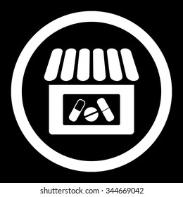 Drugstore vector icon. Style is flat rounded symbol, white color, rounded angles, black background.