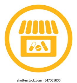 Drugstore vector icon. Style is flat rounded symbol, yellow color, rounded angles, white background.