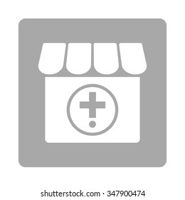 Drugstore vector icon. Style is flat rounded square button, white and silver colors, white background.