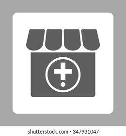 Drugstore vector icon. Style is flat rounded square button, dark gray and white colors, silver background.