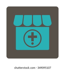 Drugstore vector icon. Style is flat rounded square button, cyan and grey colors, white background.