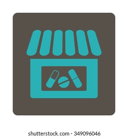 Drugstore vector icon. Style is flat rounded square button, cyan and grey colors, white background.