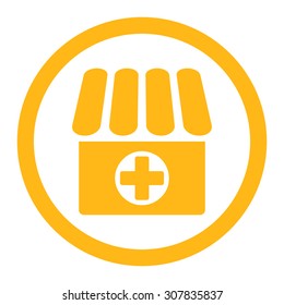 Drugstore vector icon. This rounded flat symbol is drawn with yellow color on a white background.