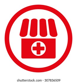 Drugstore vector icon. This rounded flat symbol is drawn with red color on a white background.