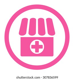 Drugstore vector icon. This rounded flat symbol is drawn with pink color on a white background.