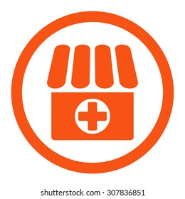 Drugstore vector icon. This rounded flat symbol is drawn with orange color on a white background.
