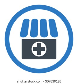 Drugstore vector icon. This rounded flat symbol is drawn with smooth blue colors on a white background.