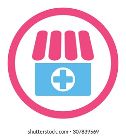 Drugstore vector icon. This rounded flat symbol is drawn with pink and blue colors on a white background.